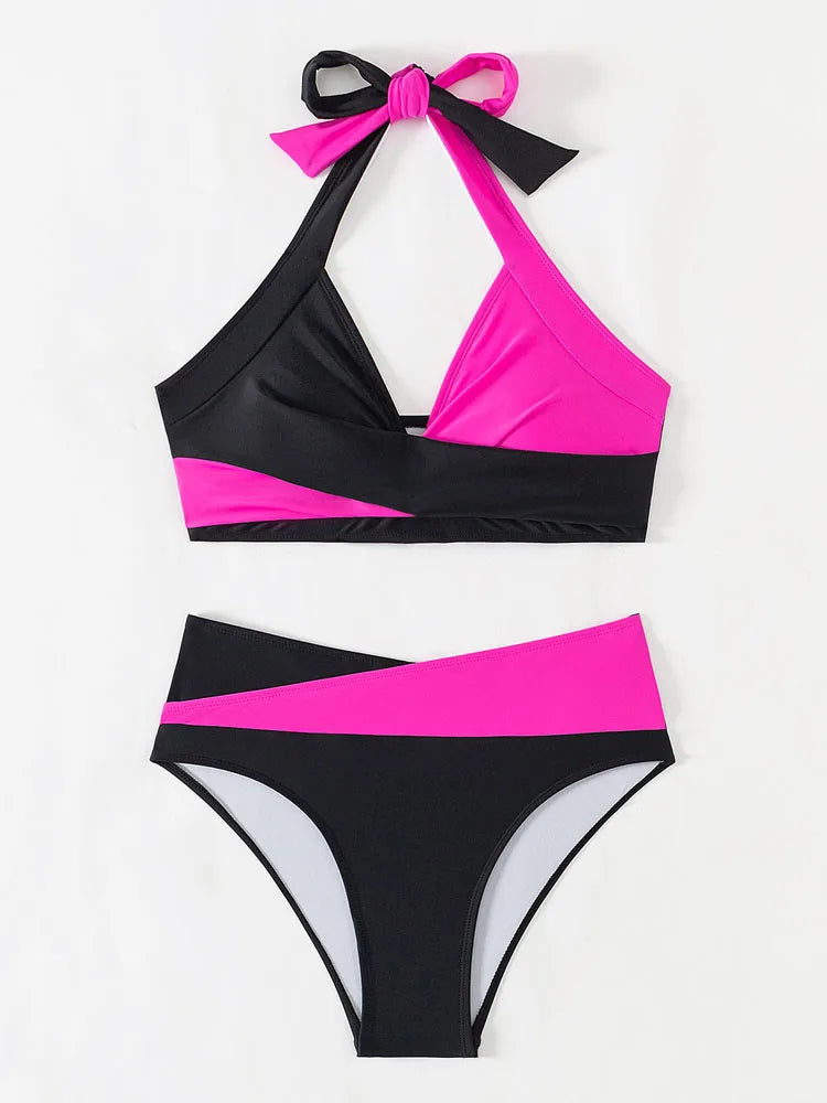 Vigoashely 2025 Sexy Solid Patchwork Bikini High Waist Push up Swimsuit Women Halter Backless Swimwear Beach Summer Bathing Suit