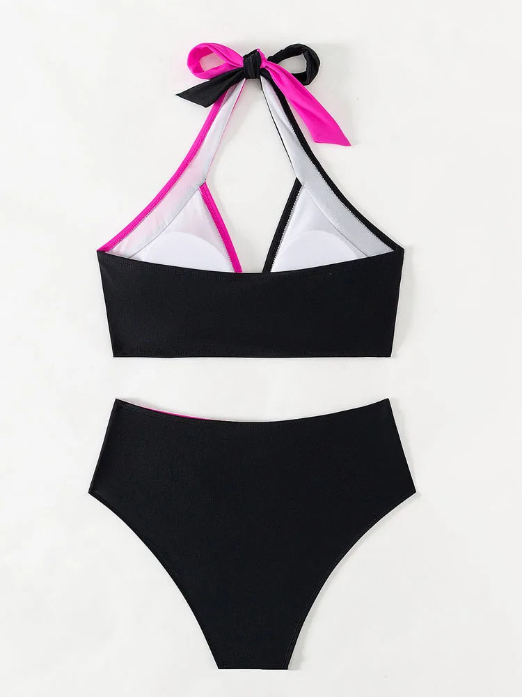 Vigoashely 2025 Sexy Solid Patchwork Bikini High Waist Push up Swimsuit Women Halter Backless Swimwear Beach Summer Bathing Suit