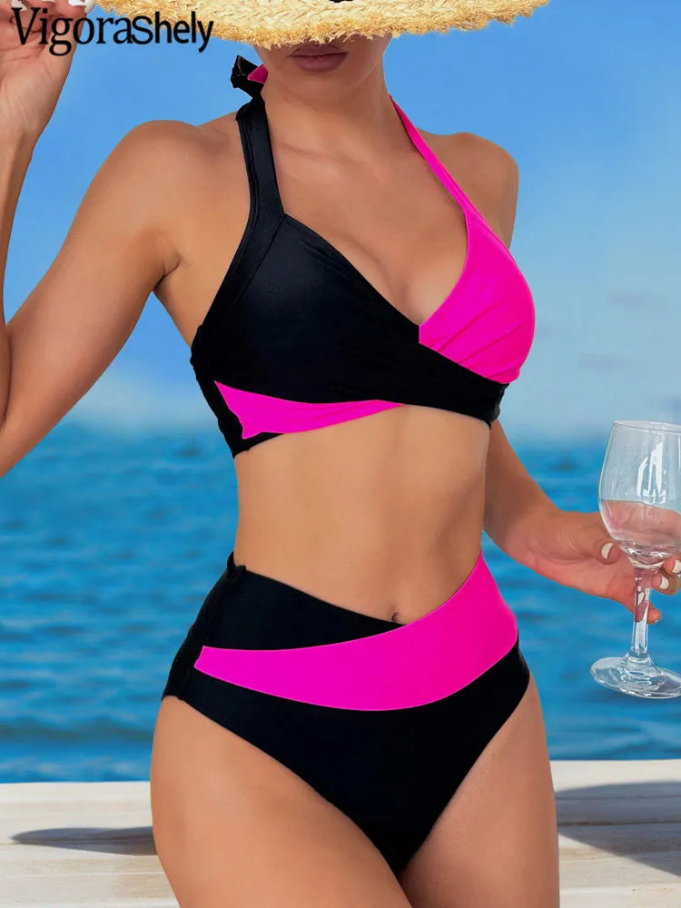 Vigoashely 2025 Sexy Solid Patchwork Bikini High Waist Push up Swimsuit Women Halter Backless Swimwear Beach Summer Bathing Suit